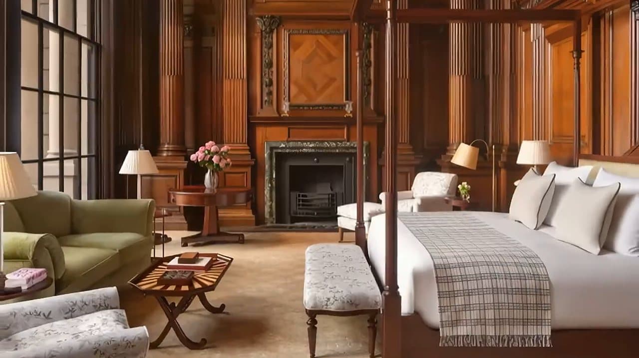 A wood-panelled master bedroom with a four-poster bed